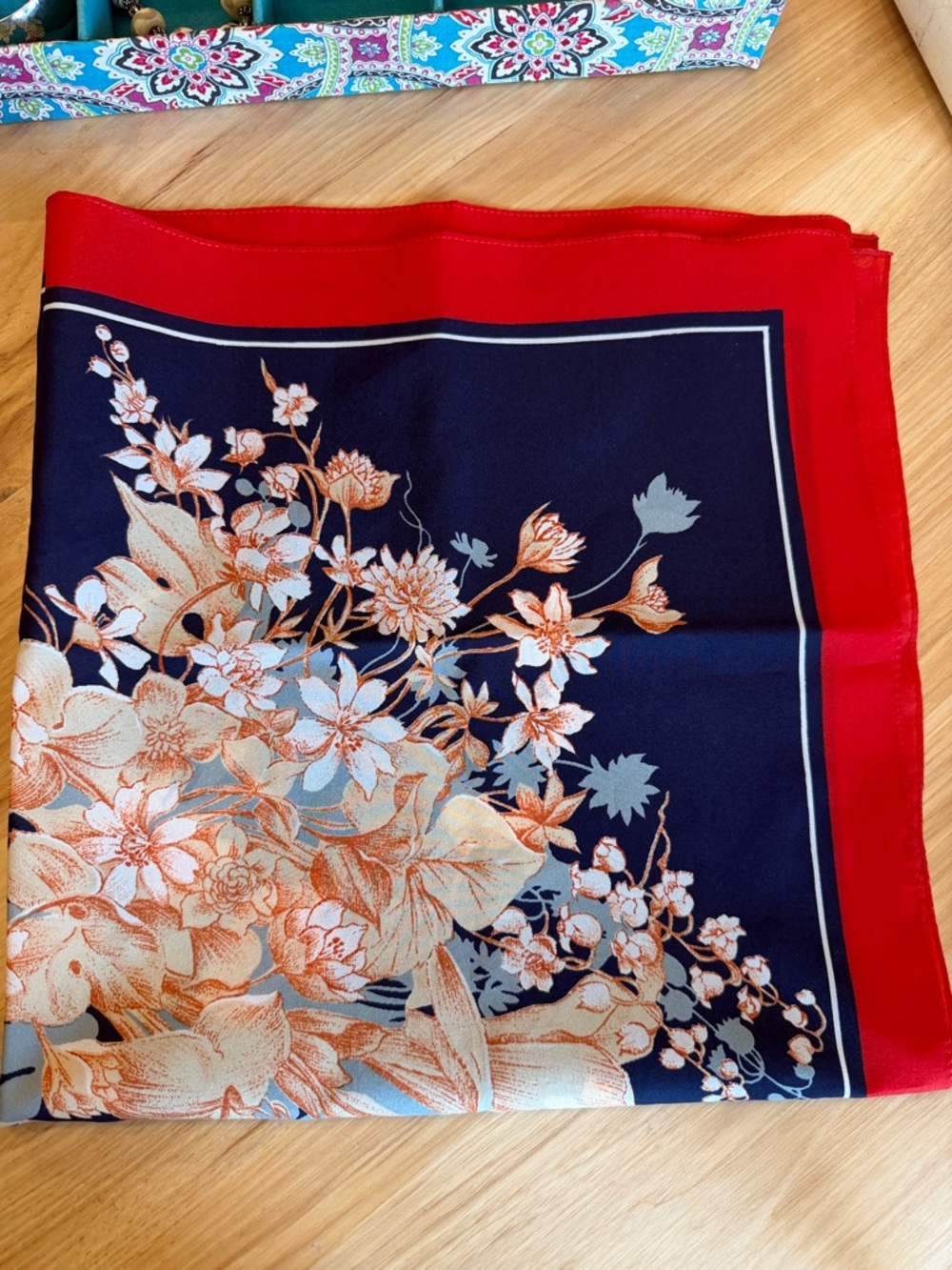 Scarf Vintage Red Blue Floral Made In Italy 26 1/2” x 26”